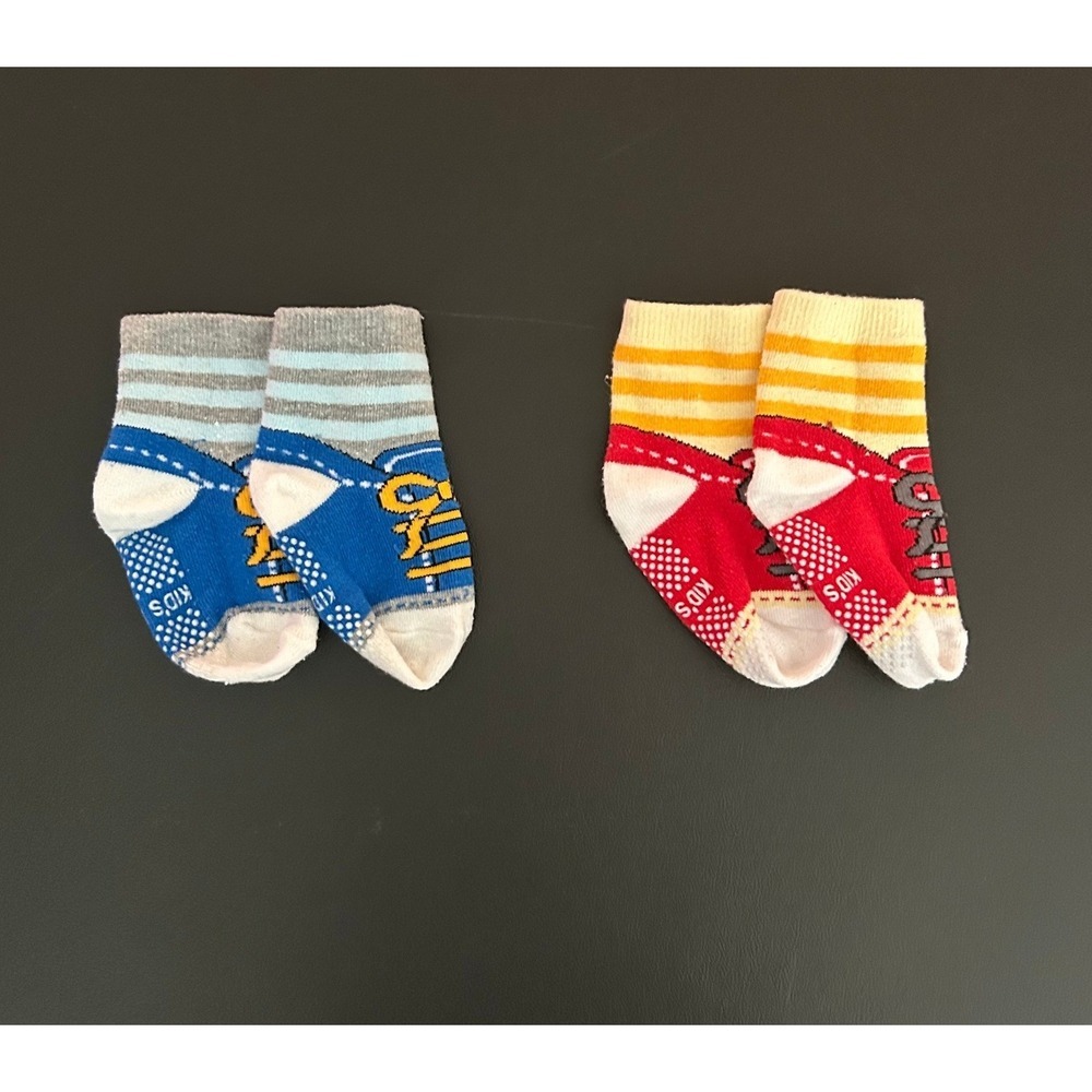 Kids Basic Sneaker Print Non Slip Socks 2 Pair Set Red Blue Striped Toddler 1405